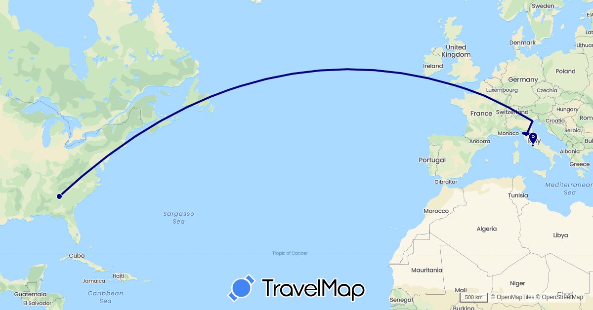 TravelMap itinerary: driving in France, Italy, United States, Vatican City (Europe, North America)